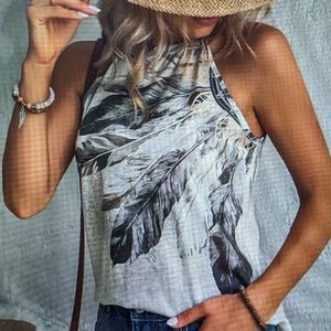 Bohemian Tribal sleeveless tank w/ back button closure NWOT medium Feathers 🪶